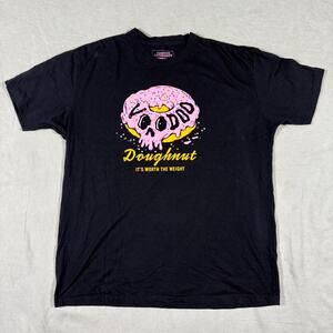 Voodoo Doughnut Skull Tee XL Black Pink Frosting Graphic Streetwear Donut Shirt